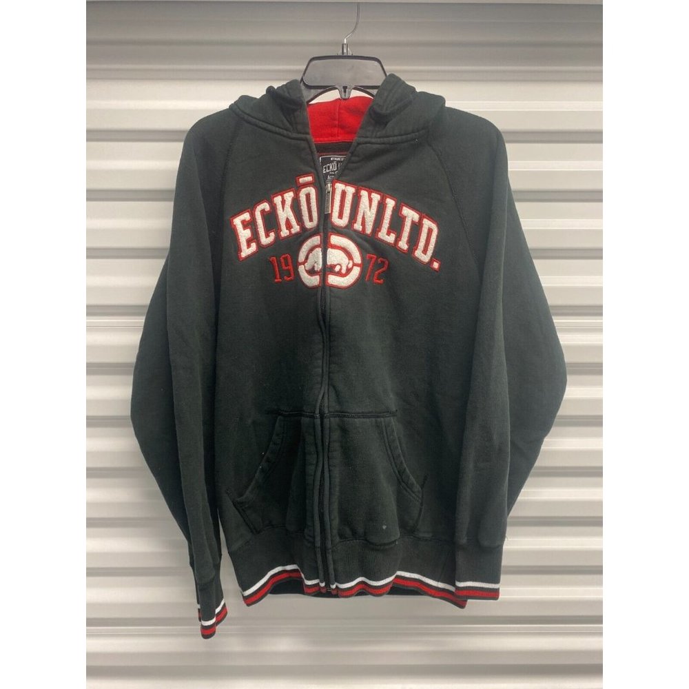 Ecko Unltd Logo Embroidered Hoodie Sweater Full Zip Men's Size M Black HS